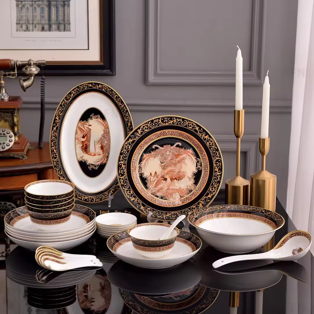 Dinner-Set-Bone-China-Fashionable-European-Style-Luxury-Ceramic-Tableware-and-28pcs-Black-Giveaways-6-Piece-Bowls-Sets-Glass